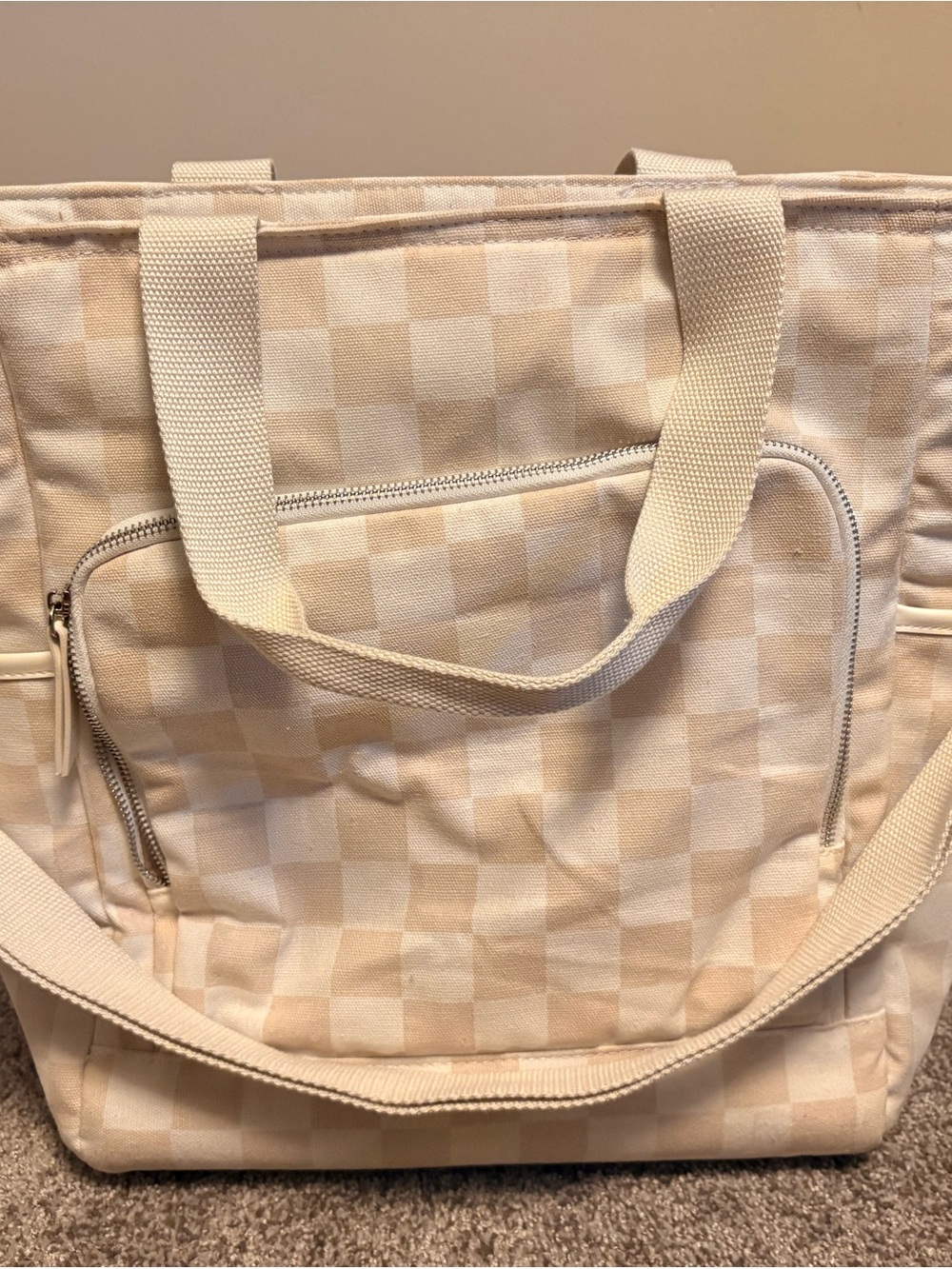 Canvas Checker Tote Bag Cooler in Cream